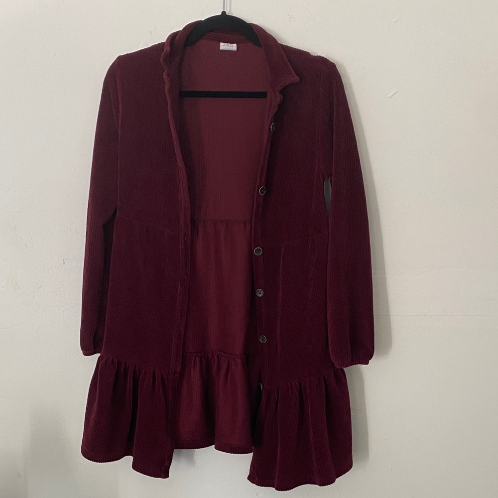Title: Zara Kids Burgundy Corduroy Dress Size 13-14 | Button Front Ruffle Hem